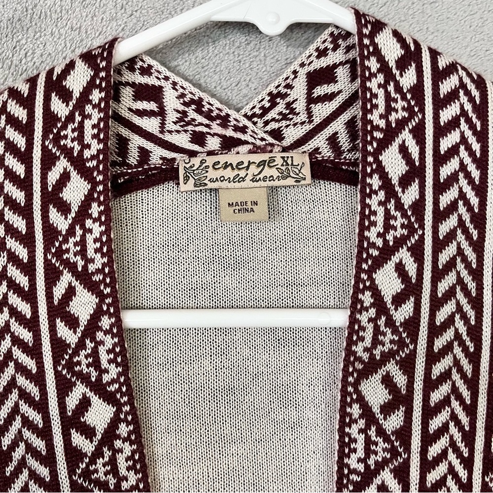 One World Open Front Cardigan Sweater Vest. Womens XL Burgundy Cream - Picture 3 of 7